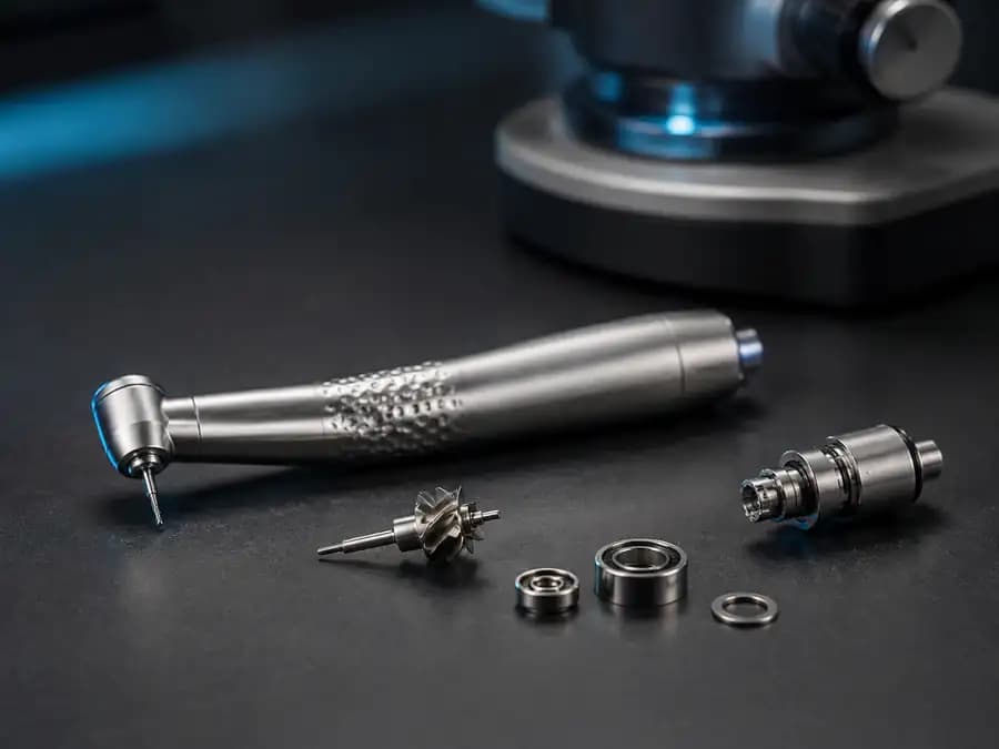 Dentalturbine mit Rotor und Präzisionslagern auf einem technischen Prüfplatz